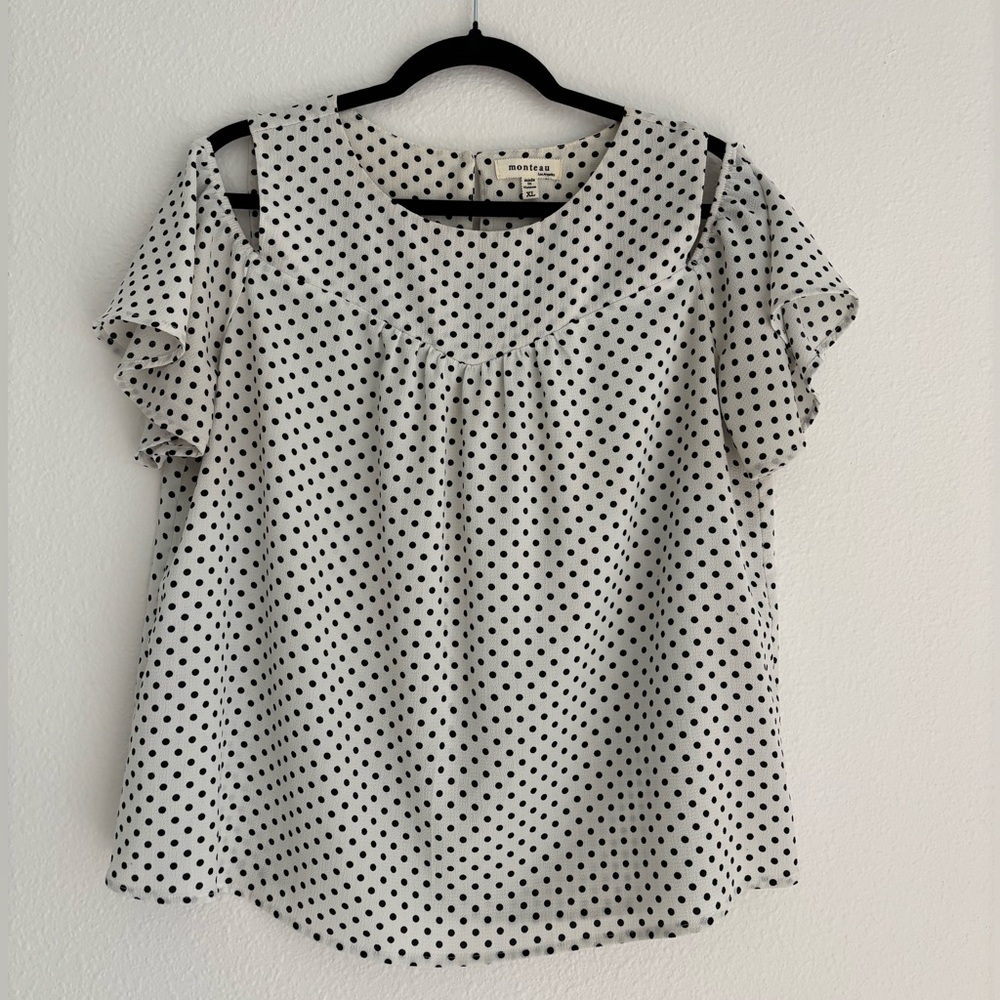 Black and White Polka Dot Blouse with Cold Shoulder Cut Out